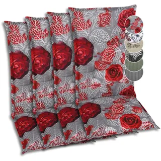 GO-DE Textil Bequeme und attraktive Polsterauflagen für Hochlehner-Gartenstühle (4er-Set, Red Roses grau, Hochlehner)