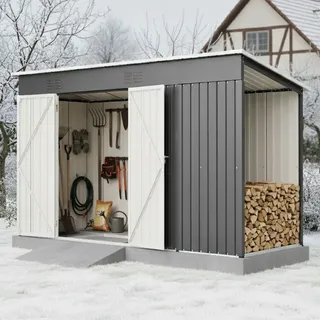 Metall Gerätehaus mit Holzunterstand, Fundament Geräteschuppen Gartenhaus