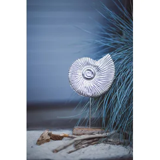 Metall Skulptur mit Holz-Fuß Silber-braun Ammonite 14 x 25cm Dekofigur Tisch-Deko Maritim Mediterran Meeresdeko