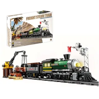 Esun Zug Retro Dampflok Klemmbausteine Set Modell mit Schienen Bauspielzeug Spielbausteine, (Set, 886 St., Komplettset), Zug Eisenbahn Geschenk für Erwachsene (886 Teile)