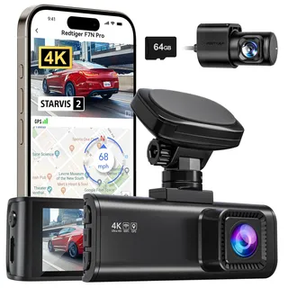 REDTIGER 4K Dashcam Auto Vorne Hinten, STARVIS 2 Sensor mit 64GB Karte, 4K/2.5K+1080P Dual Dashcam mit Eingebautem WiFi GPS, 3,18" IPS, 170° Weitwinkel,24/7 Parküberwachung, Loop-Aufnahme,WDR (F7N Pro