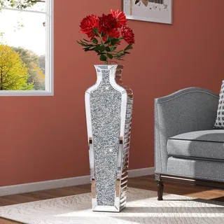 SHYFOY Bodenvase Groß 68 cm Hoch, Bodenvase Glas mit Luxuriösen Kristalldiamanten, Spiegelfläche, MDF-Struktur, Deko Bodenvase XXL für Kunstpflanzen und Pampasgras, Silber