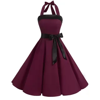 Timormode Damen Vintage Cocktailkleid Knielang Neckholder Swing Retro Rockabilly Kleid S Burgundy - S