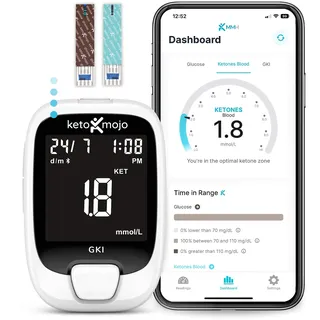 KETO-MOJO GKI Bluetooth Glukose- und Keton-Testkit (mmol/L) + kostenlose APP für Ketose- und Diabetes-Management. 20 Blutteststreifen (je 10), Messgerät, 20 Lanzetten, Stechhilfe und Kontrolllösungen