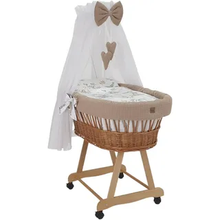 Wiklinopol Stubenwagen aus Weide mit Baldachin und Gestell Lena – Moseskorb in Natur, Komplettset mit 5-TLG. Waffel-Bettwäsche Safari Beige – Mit Rollen, Tragbar, Sicher