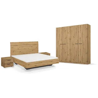 Rauch Möbel Florenz Schlafzimmer, Eiche Artisan, Holz, bestehend aus Bett mit Liegefläche 180x200 cm inklusive 2 Nachttische und Drehtürenschrank BxHxT 181x210x54 cm