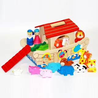 sopomarkt24 Arche Noah Set 19tlg. Figuren Schiff Tiere Holz Pferd Kuh Taube Abenteuer Holzspielzeug Deko Taufgeschenk Lernspielzeug Kinderspielzeug Jungen & Mädchen