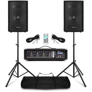 Power Dynamics & Vonyx PA Anlage für Bands Anfänger Set – 8 Zoll Lautsprecher mit Stativen – 4 Kanal Mixer mit Verstärker & Bluetooth – 800 Watt Komplette Band Anlage mit USB, SD & Tasche