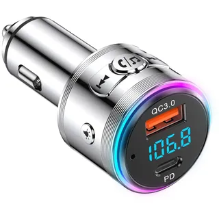 LENCENT 48W FM Transmitter Auto Bluetooth 5.3, Ganzmetall PD 30W & QC3.0 18W Schnelle Autoladegerät Zigarettenanzünder, KFZ Bluetooth Adapter Freisprechanlage, Noise Cancelling Mikrofon, Lichtschalter