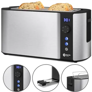 Balter Home Balter Toaster 4 Scheiben, Langschlitz, Edelstahl, Brötchenaufsatz, LCD Display Restzeitanzeige, Auftaufunktion, Brotzentrierung, Krümelschublad