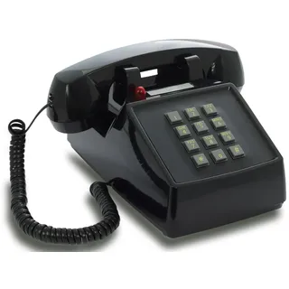 Opis Technology PushMeFon Cable Retro Festnetztelefon mit Tasten, Schwarz | Große Tasten und echte Metallglocke. Für Tisch oder Wand, kräftige Farben, Vintage Optik.