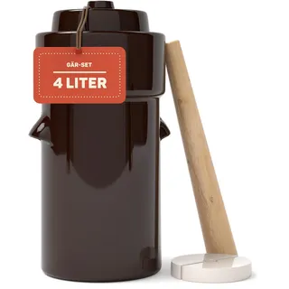 Gärtopf 4 Liter zum Einlegen & Fermentieren – Sauerkrauttopf mit Deckel, Krautstampfer & Fermentiergewichte – Gurkentopf Steintopf für Sauerkraut, Kimchi, Gurken & Essiggurken - Hochwertiges Steingut