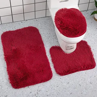 Reyox Badvorleger Set 3 Teilig, Weiche Hochflor Badematte rutschfest, Mikrofaser Flauschig Badteppich für Toilett WC Badezimmer Weinrot 3 STK