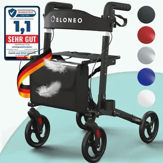 eloneo Leichtgewicht Rollator mit Sitz schwarz, faltbar und höhenverstellbar, Gehhilfe mit Einkaufstasche und Stockhalter