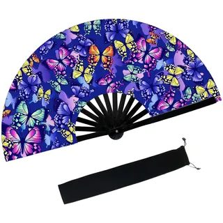 Fächer Rave Groß, UV Glühen Handfächer, Rave Clack Hand Fan mit Fächertasche, Fecher mit Schmetterlingsmuster für Rave, Musikfestival, Drag Queene, Carnival, Party