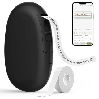 supvan E10 Etikettendrucker mit wasserdichte Etiketten selbstklebend (15 mm x 6 m), tragbares Etikettiergerät Bluetooth geeignet für das Home-School-Büro, schwarz
