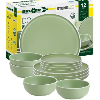 BRUNNER: Melamin Geschirr-Set Camping | 12-Teilig - Teller & Schüsseln für 2-4 Personen | DOLOMIT Midday - Stapelbar, Kratzfest