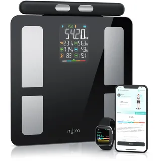 CSL-Computer Körperfettwaage mit Handsensoren, Bluetooth Waage mit App | Messung von Hand zu Fuß für Ober- und Unterkörper, Verlauf und Ziele in der App, mehrere Profile, 0,05 kg, inkl. 4 x AA