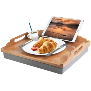 DRELIFAM Knietablett mit Kissen, Betttablett aus Holz zum Essen, Knietablett in Liege, Frühstückstablett, Fernseher, Abendessen, Bett, Lebensmitteltabletts (Buchenholz)