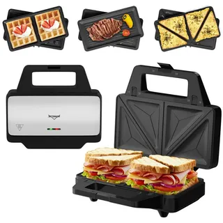 Homelux Sandwichmaker 1000W, 3-in-1 Sandwichtoaster Waffeleisen Kontaktgrill, Multifunktionsgerät mit Antihaftbeschichtung Abnehmbare Platte, Temperaturkontrolle Leichte Reinigung BPA frei, Silber