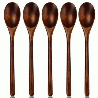 Aoosy Holzlöffel Esslöffel,5 Stück im japanischen Stil Küchengerät Langen Griff Nanmu Holz Suppenlöffel Set zum Essen Mischen Rühren Kochen mit Box