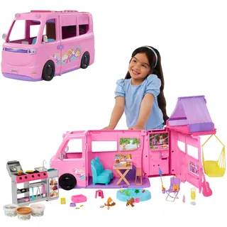 Mattel Barbie Super Abenteuer-Camper Spielset mit Dachzelt, Grill mit Farbwechseleffekt und über 60 Zubehörteilen