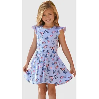 Jerseykleid KIDSWORLD "für kleine Mädchen", Mädchen, Gr. 128/134, N-Gr, blau (blau, gemustert), Jersey, Obermaterial: 95% Baumwolle, 5% Elasthan, bedruckt, geringelt, ausgestellt kniefrei, Rundhals, Flügelärmel abgesteppte Kante, Kleider Jerseykleid, sommerliche Anlässe und Partys, kniefreie Länge, modische Note, Topseller