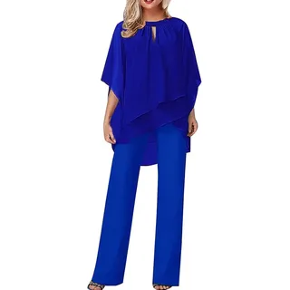 Damen Hosenanzüge Elegant Hochzeit Gäste Hosenanzug 2-teiliges Chiffon Formelles Outfit Übergröße Abschlussball Abend Zweiteiliger Hosenanzug Mutter der Braut Hosenanzug, #03 Blau, XXL - XXL
