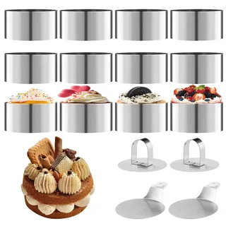 16 Stück Servierringe Edelstahl Set, Enthalten 12 teilige Dessertringe und Speiseringe (8 cm Durchmesser), 2 Basisplatten und 2 Deckel. Backringe zum Backen, Mousse, Kuchen, Gebäck, Dessert
