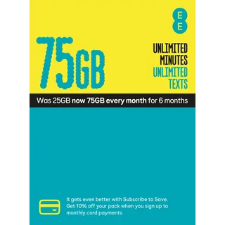 EE 30 GB Daten-SIM, inkl. 15 £ Top-up, 30 GB Daten, unbegrenzte Minuten und unbegrenzte Texte.