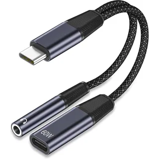 2 in 1 USB C auf Klinke Kopfhörer Adapter, USB C auf Aux 3.5mm Klinke Adapter mit USBC Ladefunktion und 60W Schnellladung, Aux Kabel Headset Adapter für iPhone 17 16 15 Pro Max,Samsung,Pixel 9 8 7