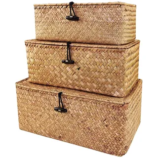 Aufbewahrungskorb aus geflochtenem Rattan, Rattan Korb mit Deckel,Aufbewahrungsbox mit Deckel, Natur Seegras, Wäschekörbe, Make-up-Organizer für Badezimmer, Wohnzimmer, Küche