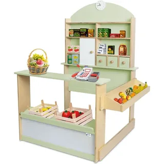Coemo Kaufladen Kinder Kaufmannsladen Holz Verkaufsstand mit 3 Schubladen Schrank Uhr Theke Seitentheke Farbe Pastell-Grün