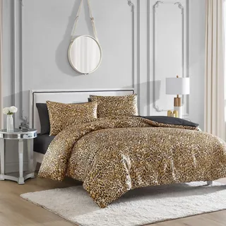 Juicy Couture Twin/Twin XL Leopard Satin Bettbezug-Set – Gepardenmuster, 2-teilig, maschinenwaschbar, wendbar, Tierdruck, Bettbezug und Kissenbezug-Set