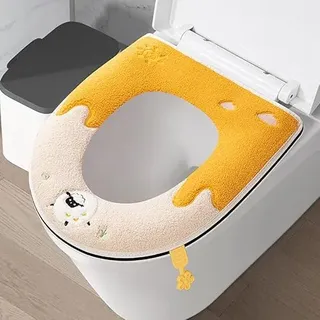 3 Stück Toilettensitzbezug WC Wärmer Pad,Cartoon Wc sitzbezug Warm WC Sitzbezüge Dicker Waschbares Toilettensitzkissen Plüsch Toilettensitzbezüge für Badezimmer,Weich und Warm,Waschbar -Schaf Gelb