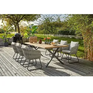 Sunfun Maja Loungemöbel-Set  (8 -tlg., Baumkante/X-Gestell, Teak/Edelstahl/Seilgeflecht, Teak/Grau/Beige)