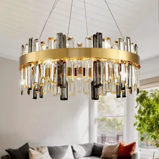 AHXIAOZN Modern Kronleuchter Kristall Leuchte, Dimmbar Rund Hängeleuchte Kristall Lampe,LED Pendelleuchte Gold Lichtfarbe Einstellbar