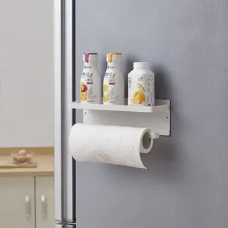 HMAKGG Küchenrollenhalter Wand mit magnetisches Regal, Weiß Küchenrollenhalter Ohne Bohren, Papierrollenhalter mit integriertem Gewürzregal aus Metall, Küchenregal Küchen Organizer Aufbewahrung