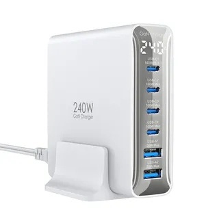 240W Ladegerät USB C 6 Port, PD3.1 GaN Ladegerät mit LED Display, Desktop ladestation Mehrfach für MacBook Pro/Air, iPhone 17/16/15 Pro Max, Galaxy S25/S24, Pixel 10/9, iPad, Dell, XPS, Laptops, Weiß