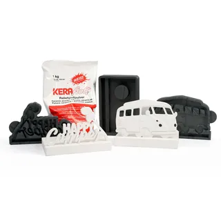3er-Set Silikon-Formen „Bulli (Van)“ inkl. 1kg Keraflott Reliefgießpulver zur Herstellung handgegossener Teelichthalter und Einschiebe-Deko