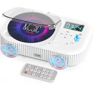 Greadio CD Player Tragbar mit Bluetooth 5.3, 2000mAh Wiederaufladbarer CD Spieler mit UKW Radio, CD-Player Kinder für Zuhause Auto mit Dual Lautsprecher/LCD Display/Fernbedienung/AUX/USB (weiß)