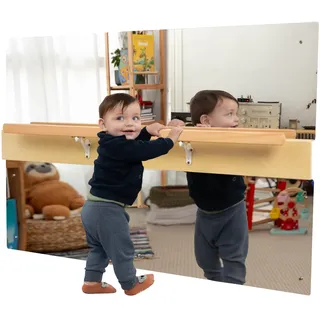 ODOXIA Montessori Spiegel mit Stange für Kleinkinder | Mit Griff zum Stehen & Gehen | Holzrahmen für Motorik & Entwicklung | Perfekt Spielzimmer & Klassenzimmer | Baby