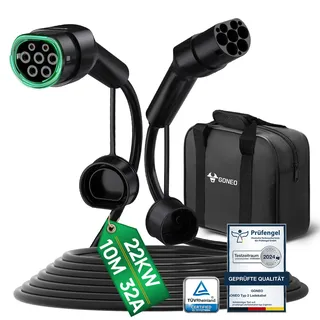 GONEO Typ 2 Ladekabel 22kW 10M 32A Ladekabel Elektroauto 3 Phasig Mode 3 für E Auto EV/PHEV Typ 2 auf Typ 2/CSS2 EV Kabel mit Tragetasche