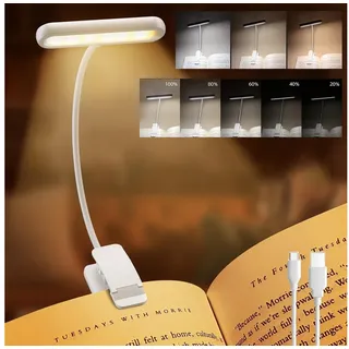 Jibenhome Klemmleuchten Leselampe Buch Klemme USB Wiederaufladbare Buchlampe, Weiß, LED fest integriert, 3 Farben & 10 Helligkeitsstufen,Flexibler Schwanenhals