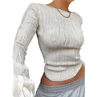 Hanaoops Damen Langarmshirt Streifen Oberteile Basic Casual Elegant Bluse Y2k Fashion Sexy Langarm Rundhalsausschnitt Top Herbst-Ästhetik Streetwear - S