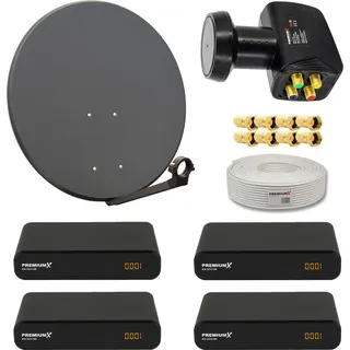 PremiumX Premium X Satelliten-Komplettanlage 4 Teilnehmer 60cm Antenne Quad LNB 50m Antennenkabel 4x HD TV Sat-Receiver