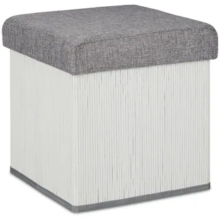 Relaxdays Sitzhocker mit Stauraum, gepolstert, faltbar, Bambus, Stoff, HxBxT: 36 x 35 x 35 cm, Sofahocker, weiß/grau
