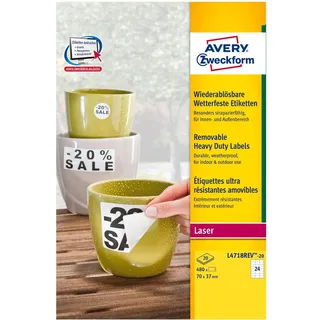 Avery Zweckform Folien-Etiketten L4718REV-20 Weiß 70 x 37 mm 20 Blatt 480 St.