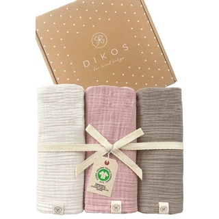 Babydecke Mulltücher 3er-SET gekreppt, Spucktuch 64x64 100% GOTS BIO-Baumwolle, DIKOS, PREMIUM Qualität atmungsaktiv, nachhaltig, plastikfrei, kuschelweich rosa