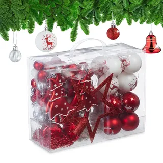 Relaxdays Weihnachtskugeln 103er Set, Kunststoff, Weihnachtsbaumdeko mit Baumkugeln, Spitze - Perlenketten, rot/weiß